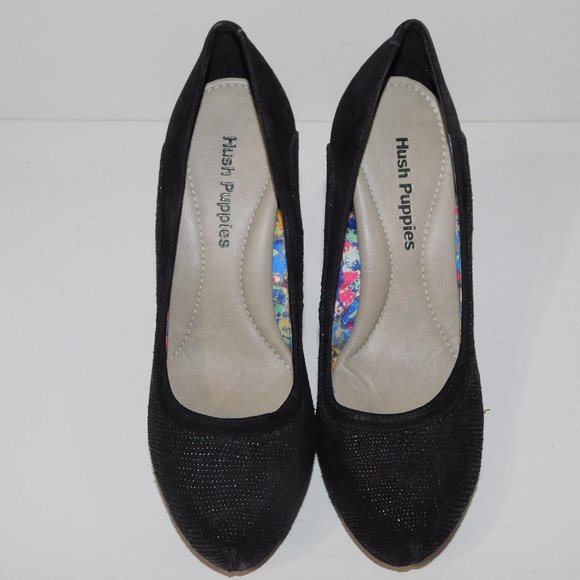 Hush Puppies Black sparkle Block platform Gold Scale Heels Shoe Womens 6.5 - Picture 2 of 10